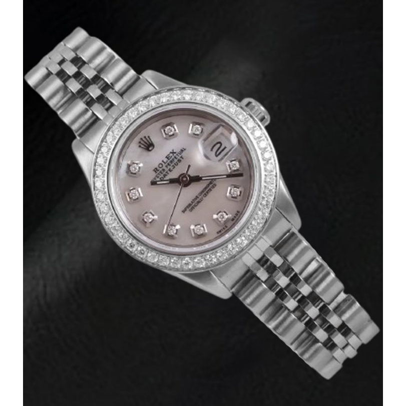 Montre Rolex Datejust 26 mm avec cadran en nacre blanche et lunette en diamant en acier inoxydable