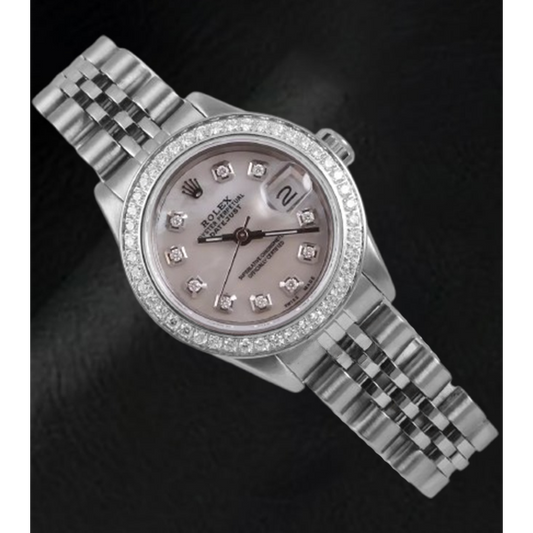 Montre Rolex Datejust 26 mm avec cadran en nacre blanche et lunette en diamant en acier inoxydable