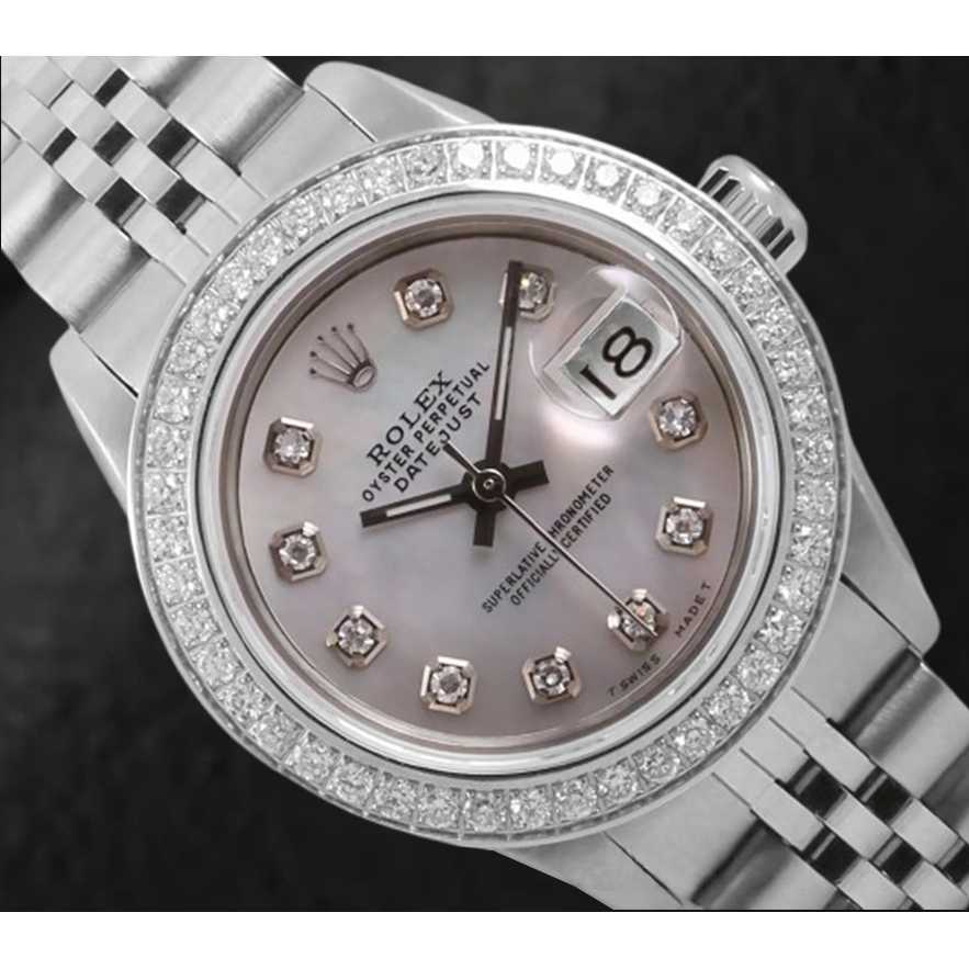 Montre Rolex Datejust 26 mm avec cadran en nacre blanche et lunette en diamant en acier inoxydable