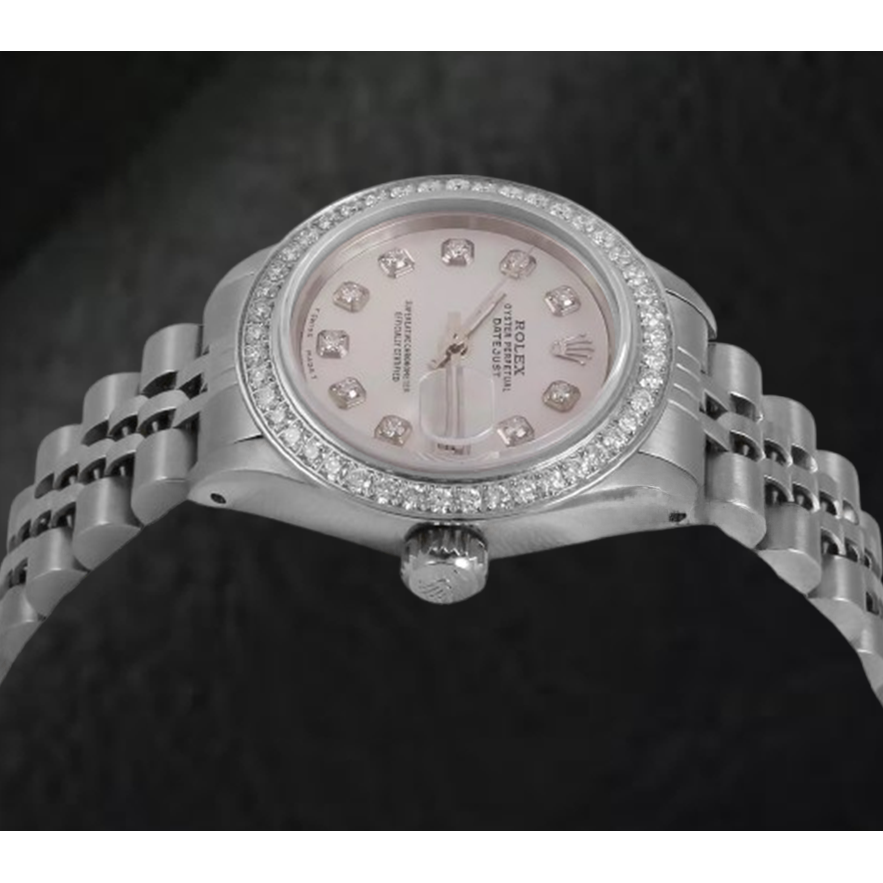 Montre Rolex Datejust 26 mm avec cadran en nacre blanche et lunette en diamant en acier inoxydable