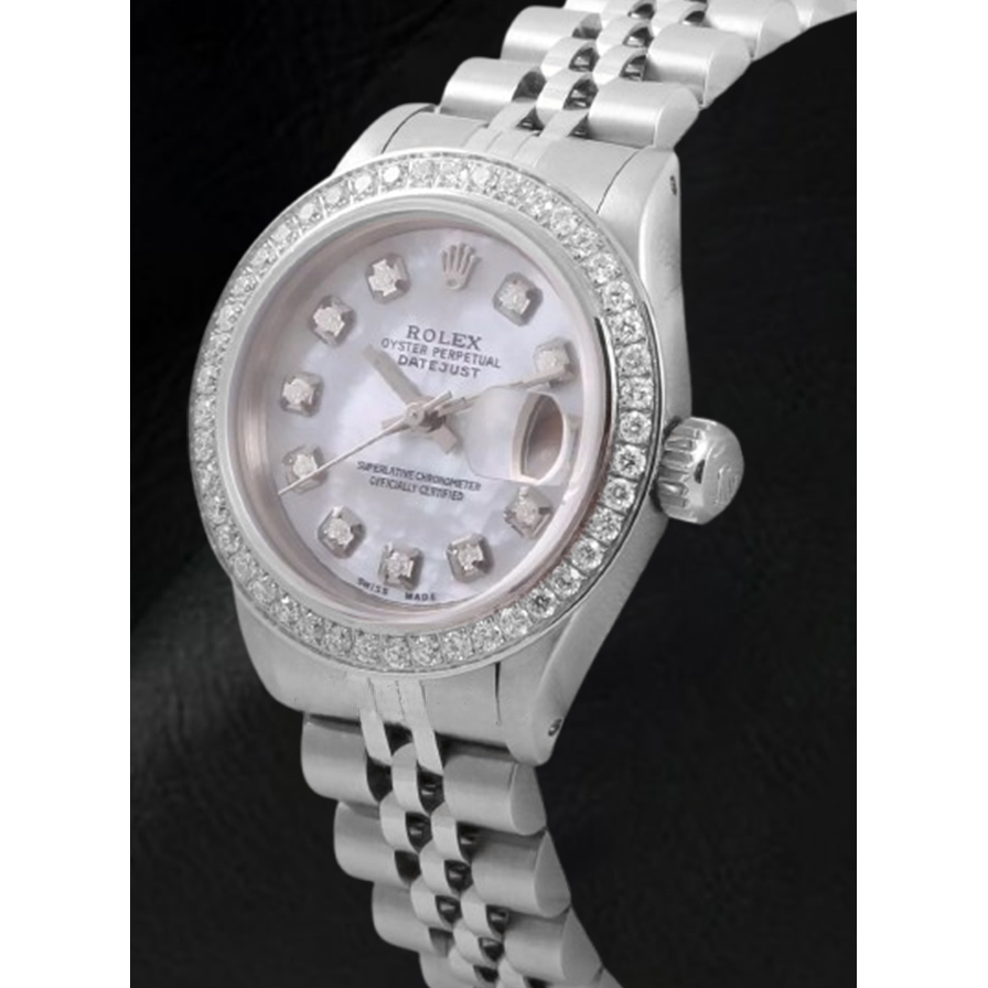 Montre Rolex Datejust 26 mm avec cadran en nacre blanche et lunette en diamant en acier inoxydable