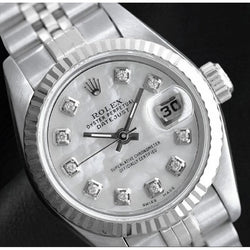 Montre Rolex Datejust 26 mm en acier inoxydable avec cadran en nacre blanche et diamants