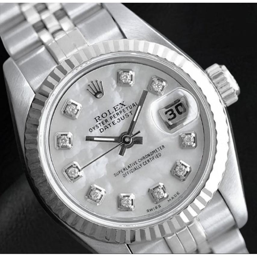 Montre Rolex Datejust 26 mm en acier inoxydable avec cadran en nacre blanche et diamants