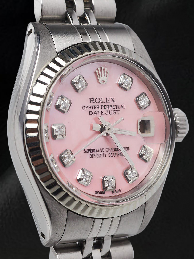 Montre Rolex Datejust 26 mm en acier inoxydable avec cadran en nacre rose et diamants