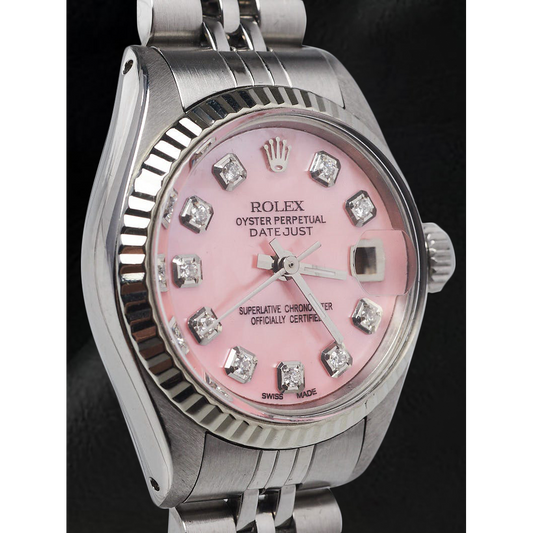 Montre Rolex Datejust 26 mm en acier inoxydable avec cadran en nacre rose et diamants