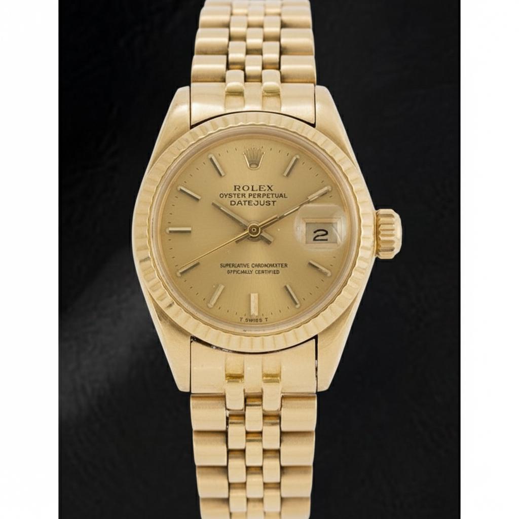 Montre Rolex Datejust 26 mm pour femme avec cadran bâton de champagne en or jaune