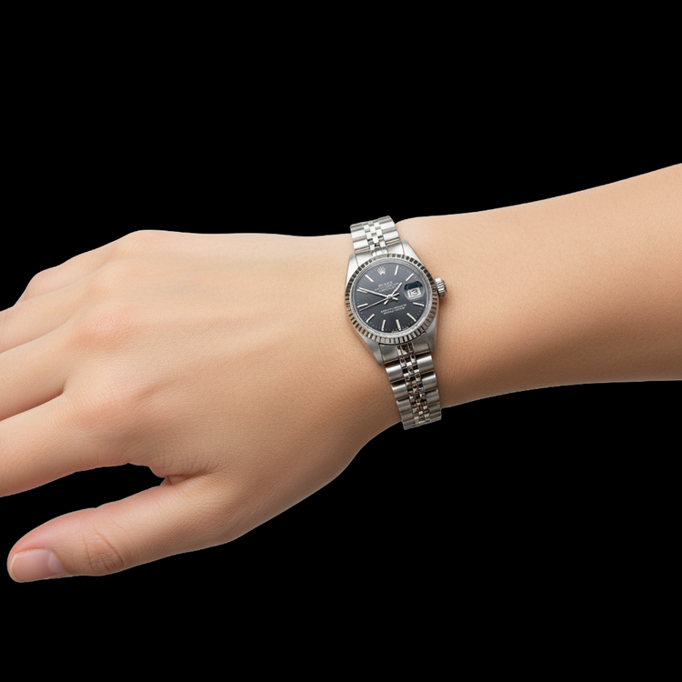 Montre Rolex Datejust 26 mm pour femme avec cadran noir en acier inoxydable P2