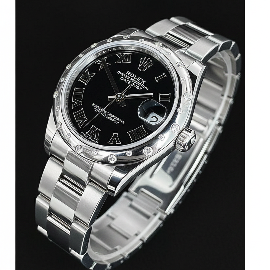 Montre Rolex Datejust 31 mm en acier inoxydable avec diamants romains noirs pour femme