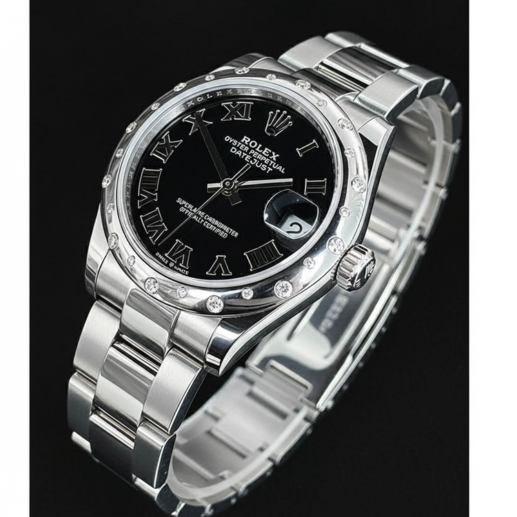 Montre Rolex Datejust 31 mm en acier inoxydable avec diamants romains noirs pour femme