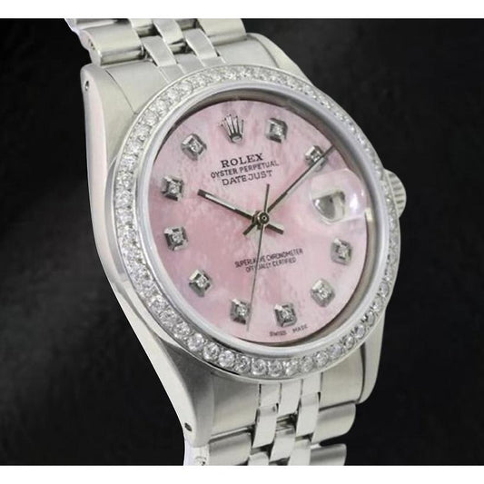 Montre Rolex Datejust 36 mm en acier inoxydable avec cadran en nacre rose et diamants