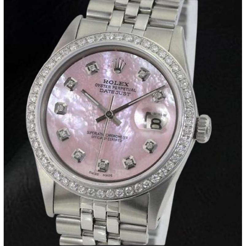 Montre Rolex Datejust 36 mm en acier inoxydable avec cadran en nacre rose et diamants
