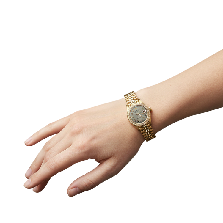  Montre Rolex Datejust Président still Bracelet Gris Cadran Romain or jaune Femme P2