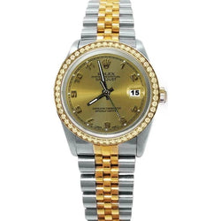 Montre Rolex Datejust à cadran champagne en or et acier avec lunette en diamant, réglage rapide