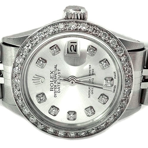 Montre Rolex Datejust avec lunette en diamant argenté et bracelet
