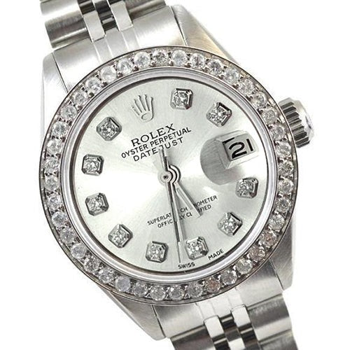 Montre Rolex avec lunette en diamant argenté et bracelet en acier inoxydable
