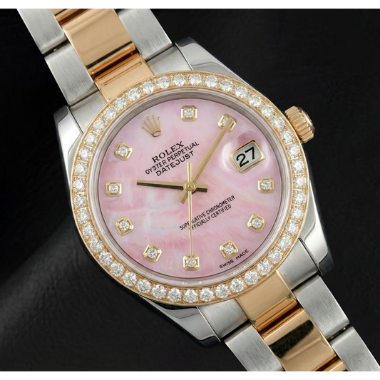 Montre Rolex Datejust bicolore 36 mm avec cadran en nacre rose et diamants et bracelet Oyster