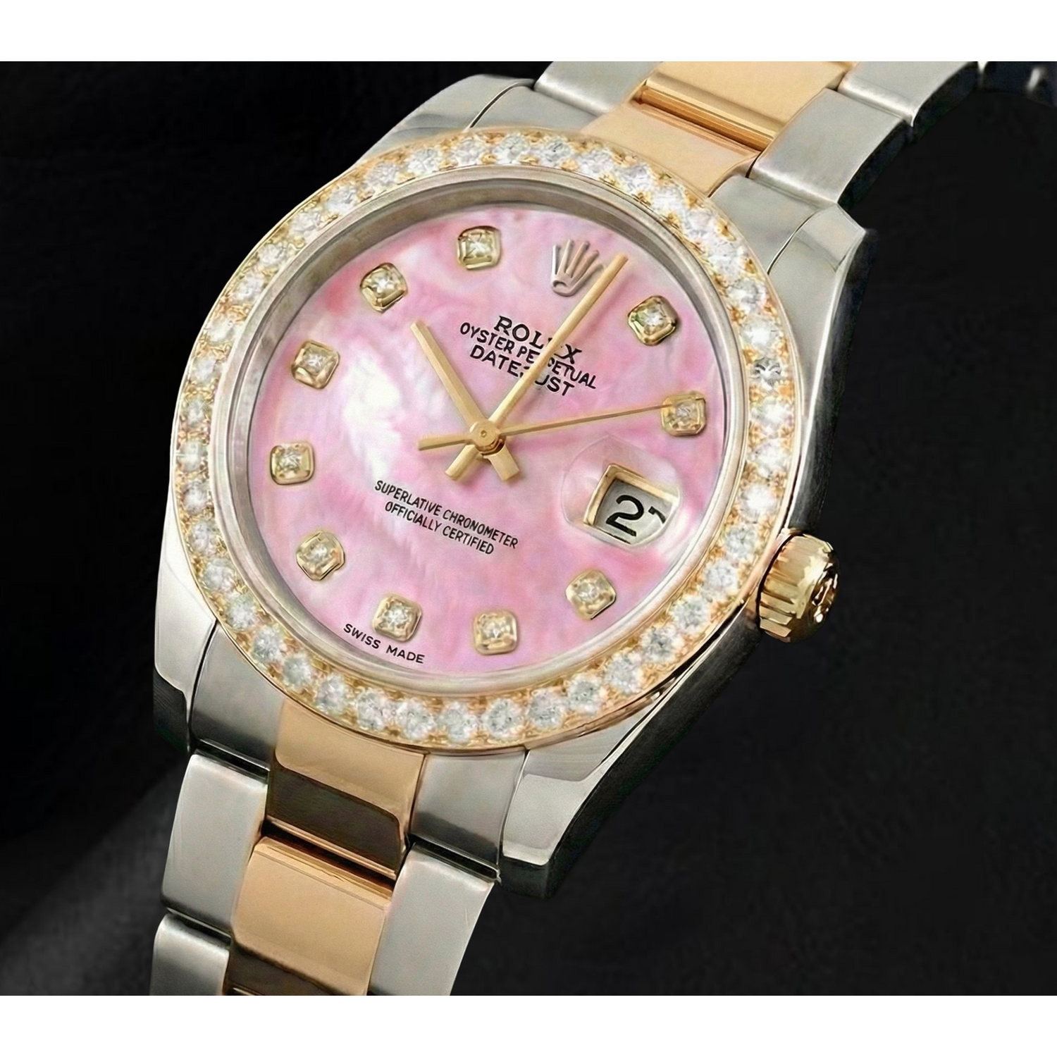 Montre Rolex Datejust bicolore 36 mm avec cadran en nacre rose et diamants et bracelet Oyster