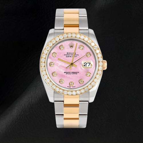 Montre Rolex Datejust bicolore 36 mm avec cadran en nacre rose et diamants et bracelet Oyster