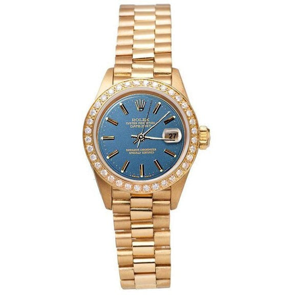 Montre Rolex Datejust à cadran bleu et lunette présidentielle en or avec diamants