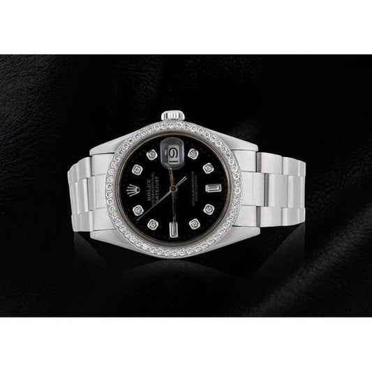 Montre Rolex cadran diamant noir bracelet en acier inoxydable
