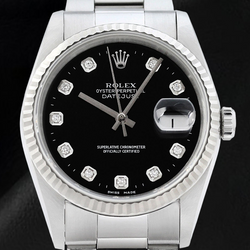 Montre Rolex Datejust, cadran noir serti de diamants, bracelet Oyster en acier inoxydable