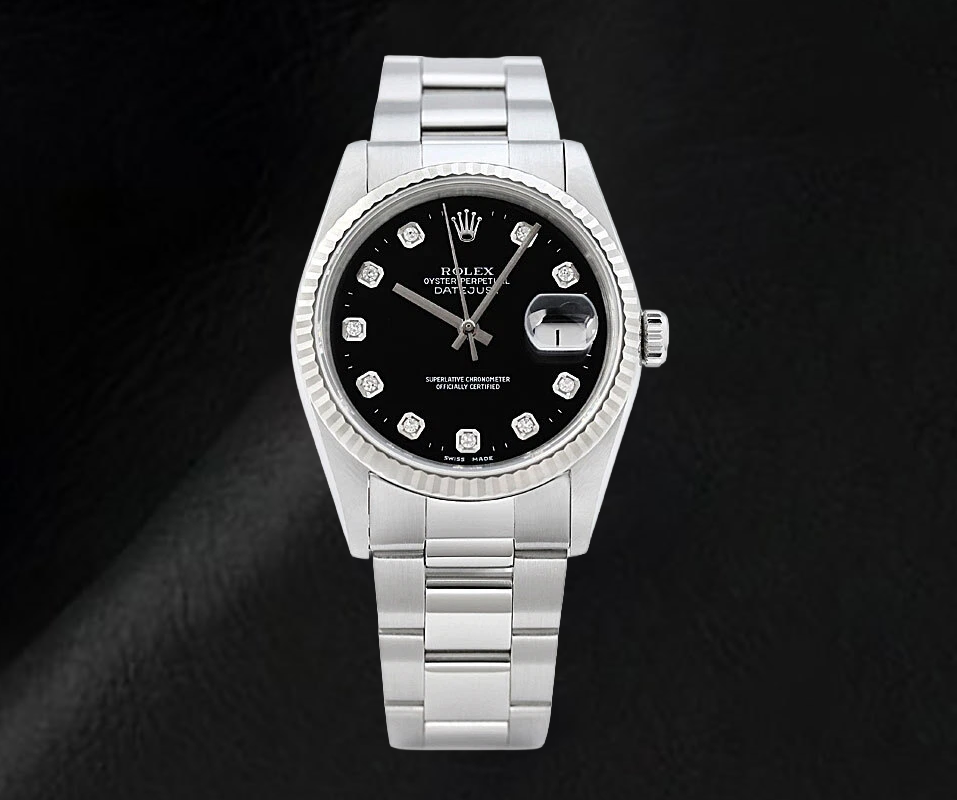 Montre Rolex Datejust, cadran noir serti de diamants, bracelet Oyster en acier inoxydable