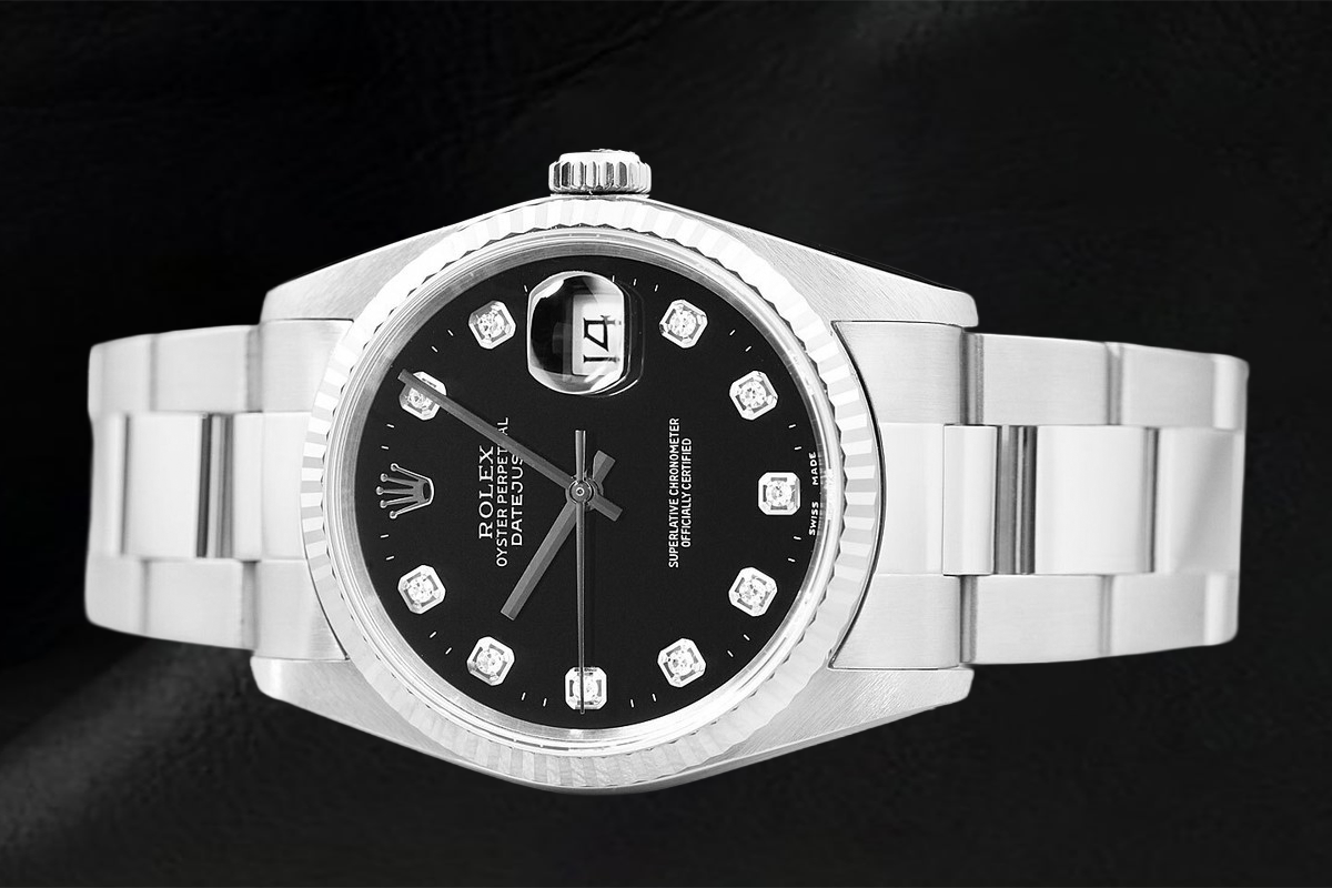 Montre Rolex Datejust, cadran noir serti de diamants, bracelet Oyster en acier inoxydable