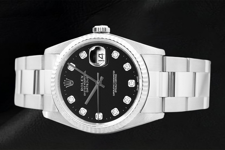 Montre Rolex Datejust, cadran noir serti de diamants, bracelet Oyster en acier inoxydable
