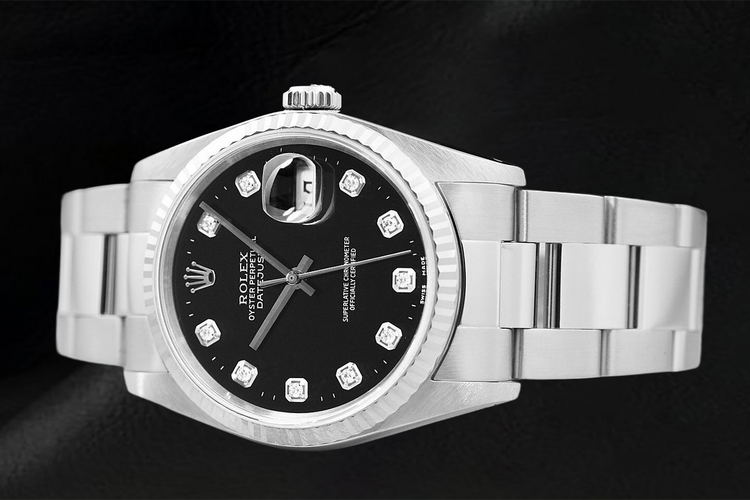 Montre Rolex Datejust, cadran noir serti de diamants, bracelet Oyster en acier inoxydable