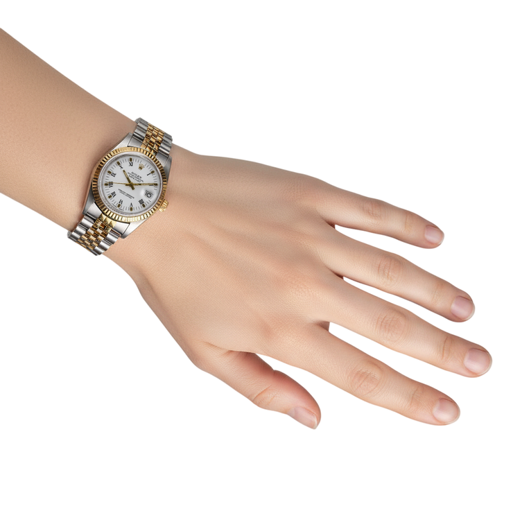 Montre Rolex Datejust à cadran romain blanc acier inoxydable et bracelet en or P4