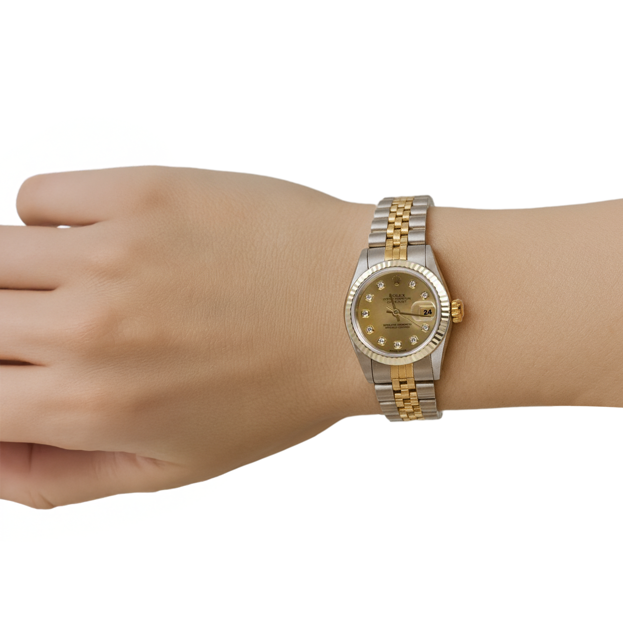 Montre Rolex Datejust dame en acier inoxydable et or avec lunette cannelée en diamant champagne P1