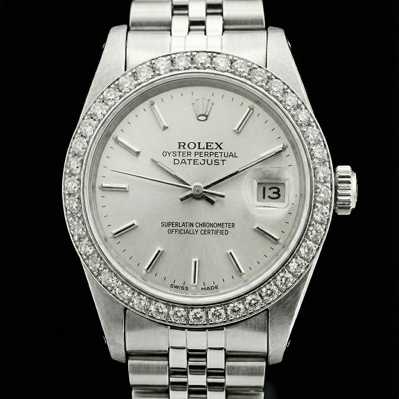 Montre Rolex Datejust dame en acier inoxydable lunette diamant blanc