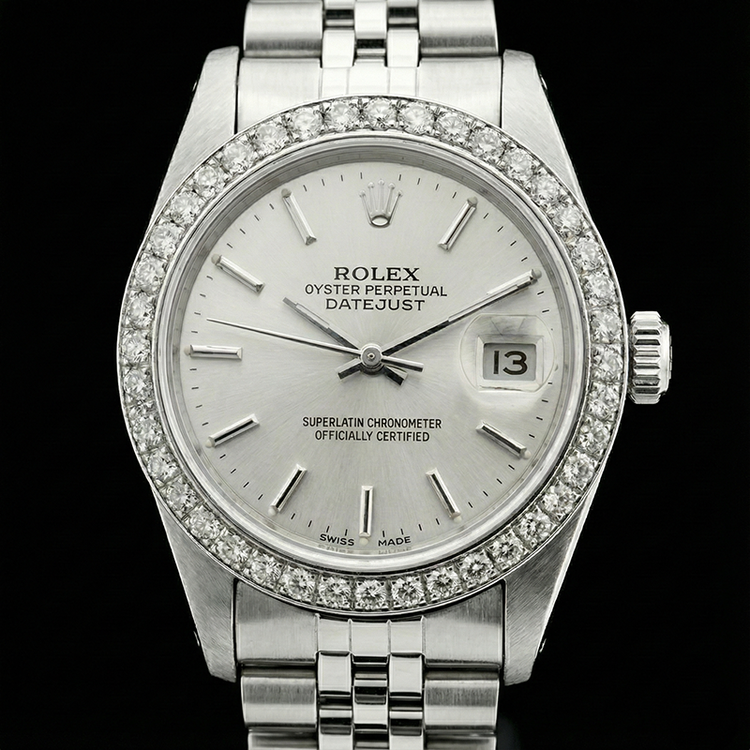 Montre Rolex Datejust dame en acier inoxydable lunette diamant blanc