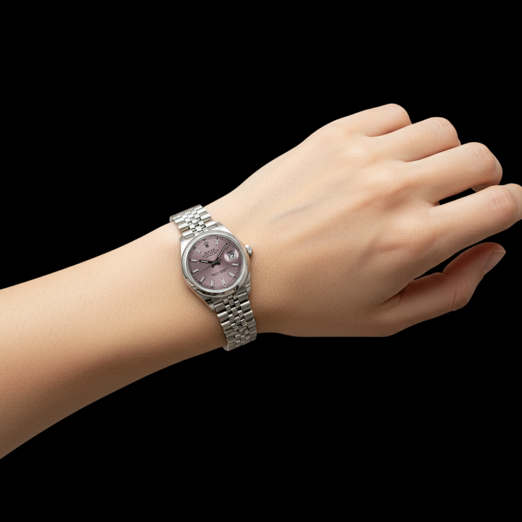 Montre Rolex Datejust de taille moyenne, cadran bâton rose, bracelet jubilé acier inoxydable P5