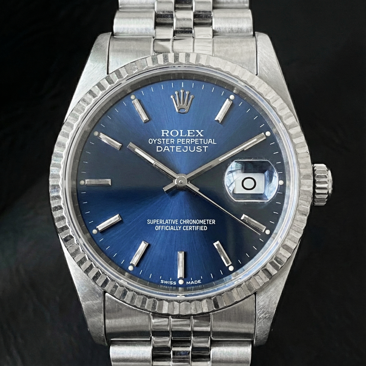 Montre Rolex Datejust en acier inoxydable avec cadran bleu 36 mm