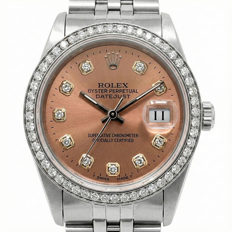 Montre Rolex Datejust en acier inoxydable de taille moyenne avec cadran et lunette diamantée saumon