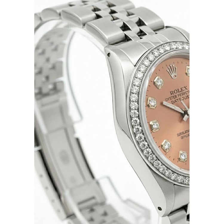 Montre Rolex Datejust en acier inoxydable de taille moyenne avec cadran et lunette diamantée saumon