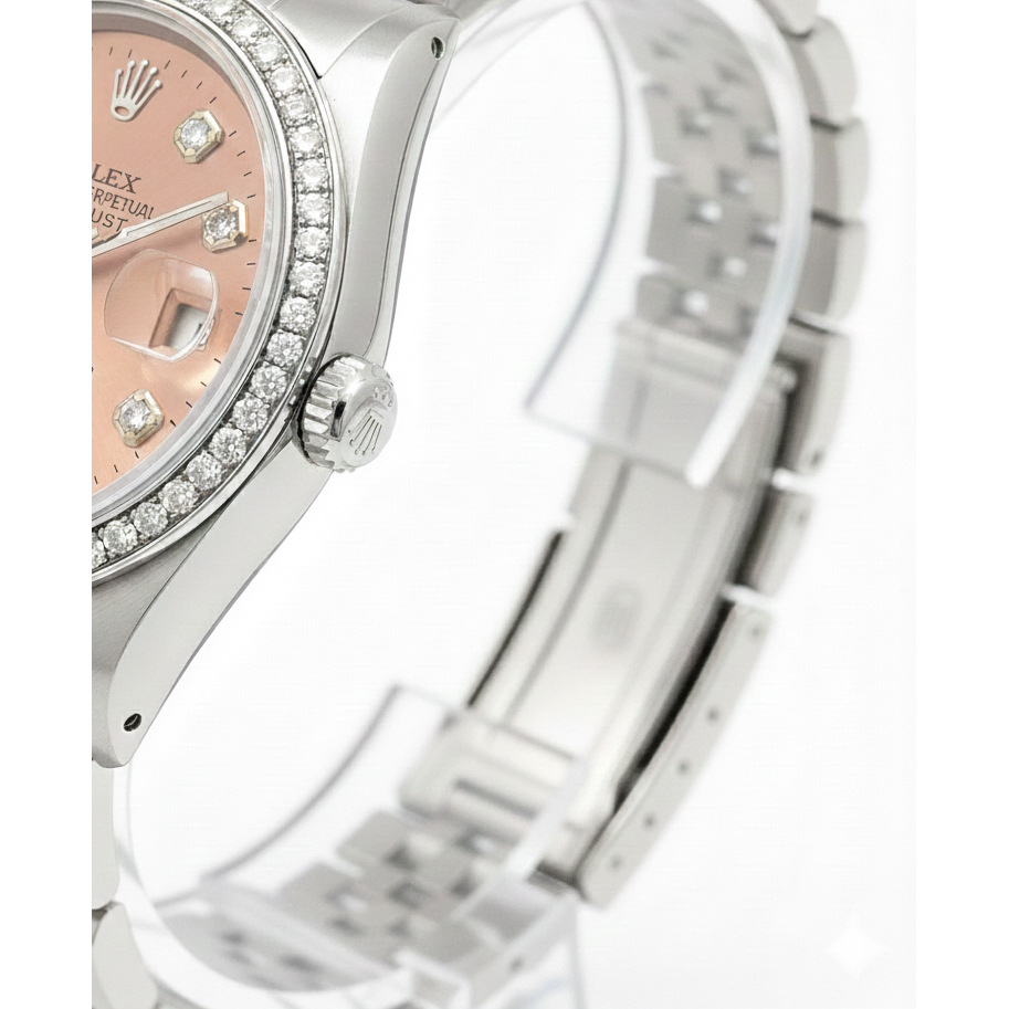 Montre Rolex Datejust en acier inoxydable de taille moyenne avec cadran et lunette diamantée saumon