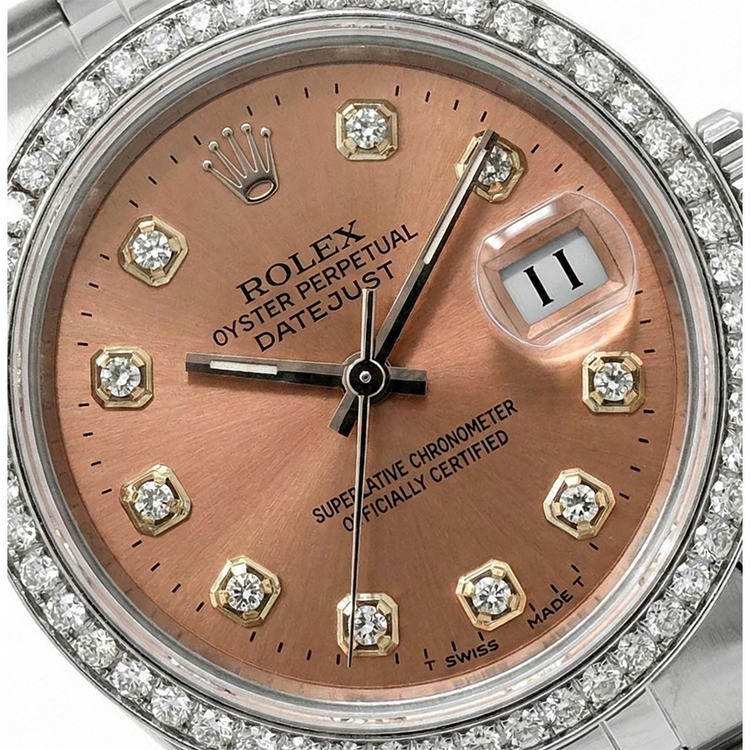 Montre Rolex Datejust en acier inoxydable de taille moyenne avec cadran et lunette diamantée saumon