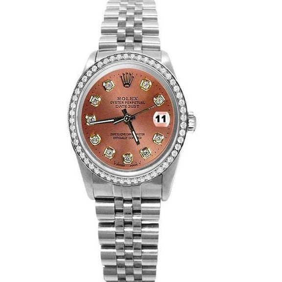 Montre Rolex Datejust en acier inoxydable de taille moyenne avec cadran et lunette diamantée saumon