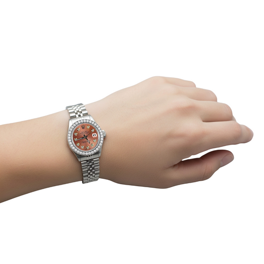 Montre Rolex Datejust en acier inoxydable de taille moyenne avec cadran et lunette diamantée saumon P2