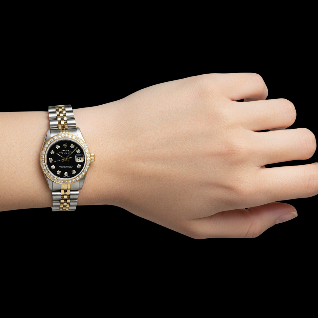 Montre Rolex Datejust en diamant de taille moyenne, cadran noir en diamant de taille moyenne P4