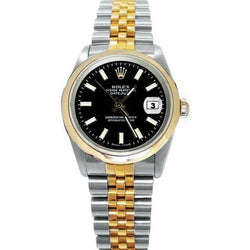 Montre Rolex Datejust en or massif et acier, cadran bâton noir, réglage rapide Jubilee