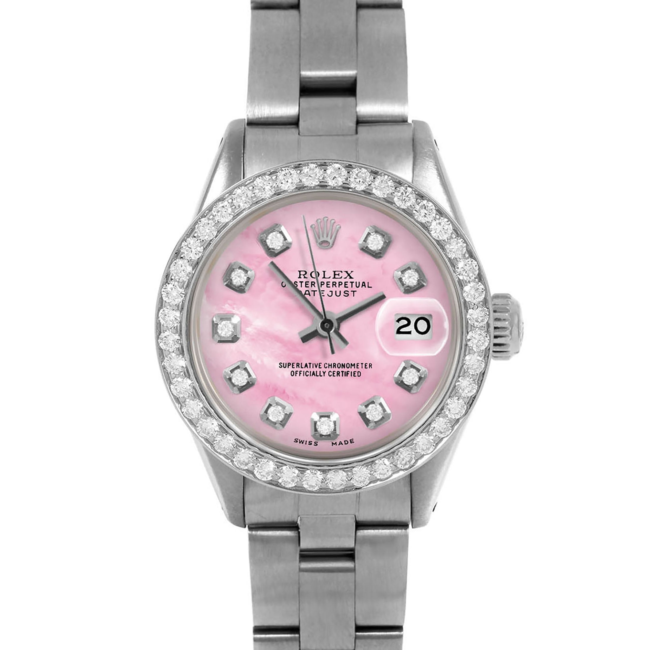 Montre Rolex Datejust pour femme 26 mm avec cadran en nacre rose et diamants, bracelet Oyster en acier inoxydable
