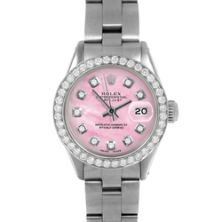 Montre Rolex Datejust pour femme 26 mm avec cadran en nacre rose et diamants, bracelet Oyster en acier inoxydable