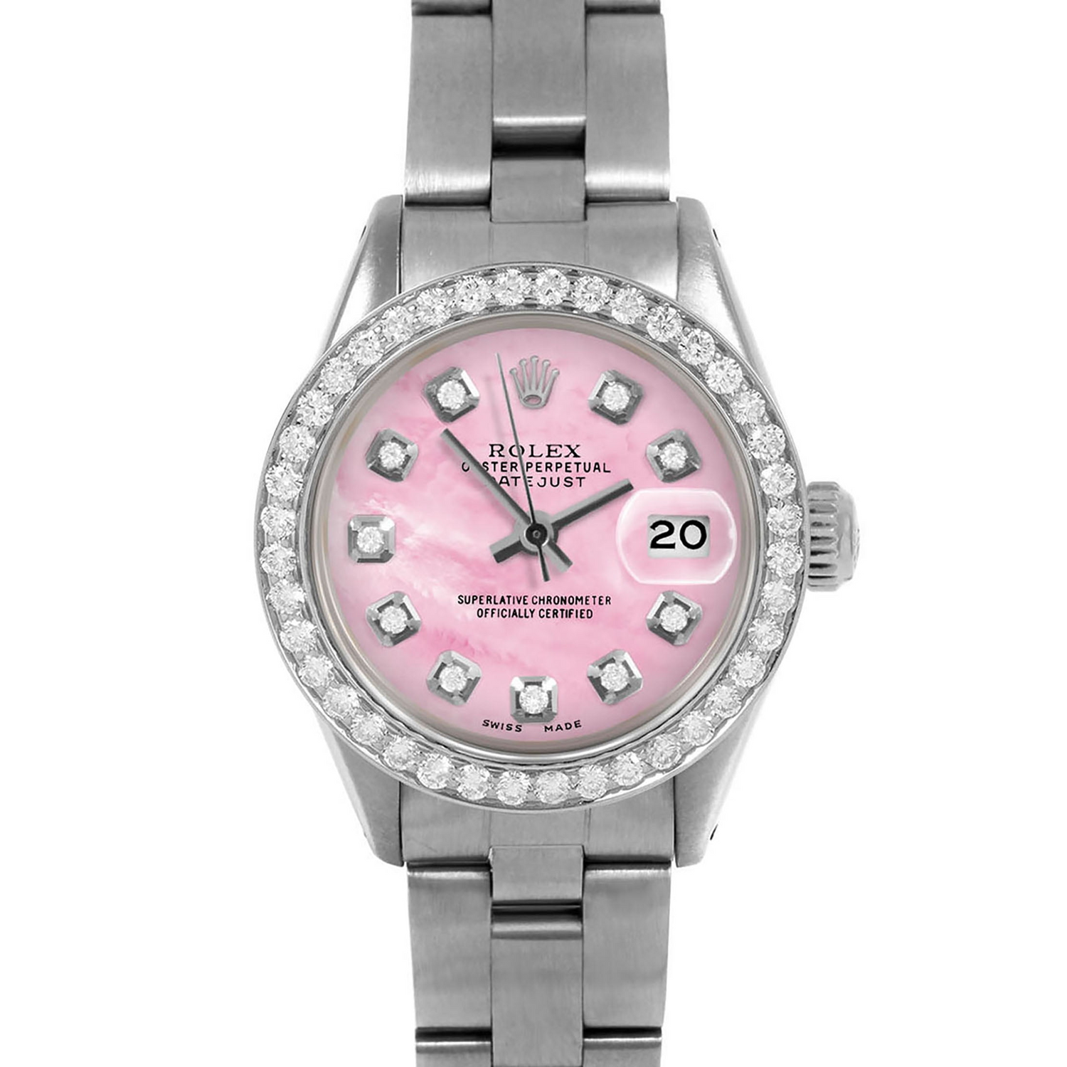 Montre Rolex Datejust pour femme 26 mm avec cadran en nacre rose et diamants, bracelet Oyster en acier inoxydable
