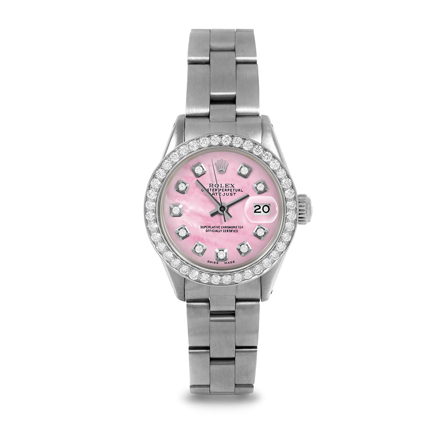 Montre Rolex Datejust pour femme 26 mm avec cadran en nacre rose et diamants, bracelet Oyster en acier inoxydable