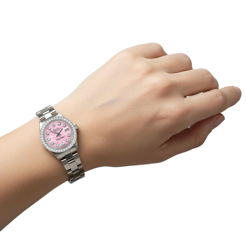 Montre Rolex Datejust pour femme 26 mm avec cadran en nacre rose et diamants, bracelet Oyster en acier inoxydable P4