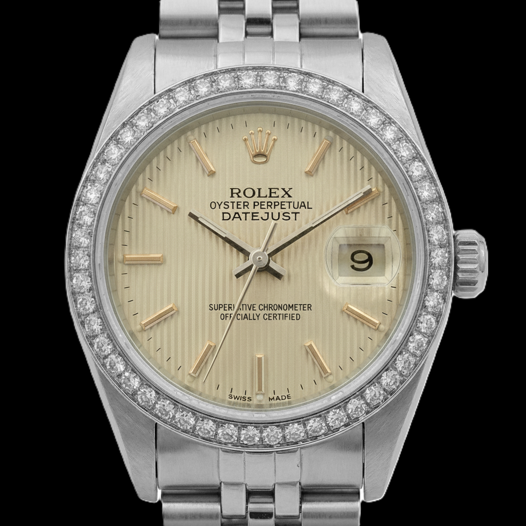 Montre Rolex Datejust pour femme avec cadran en bâton de tapisserie et lunette en diamant