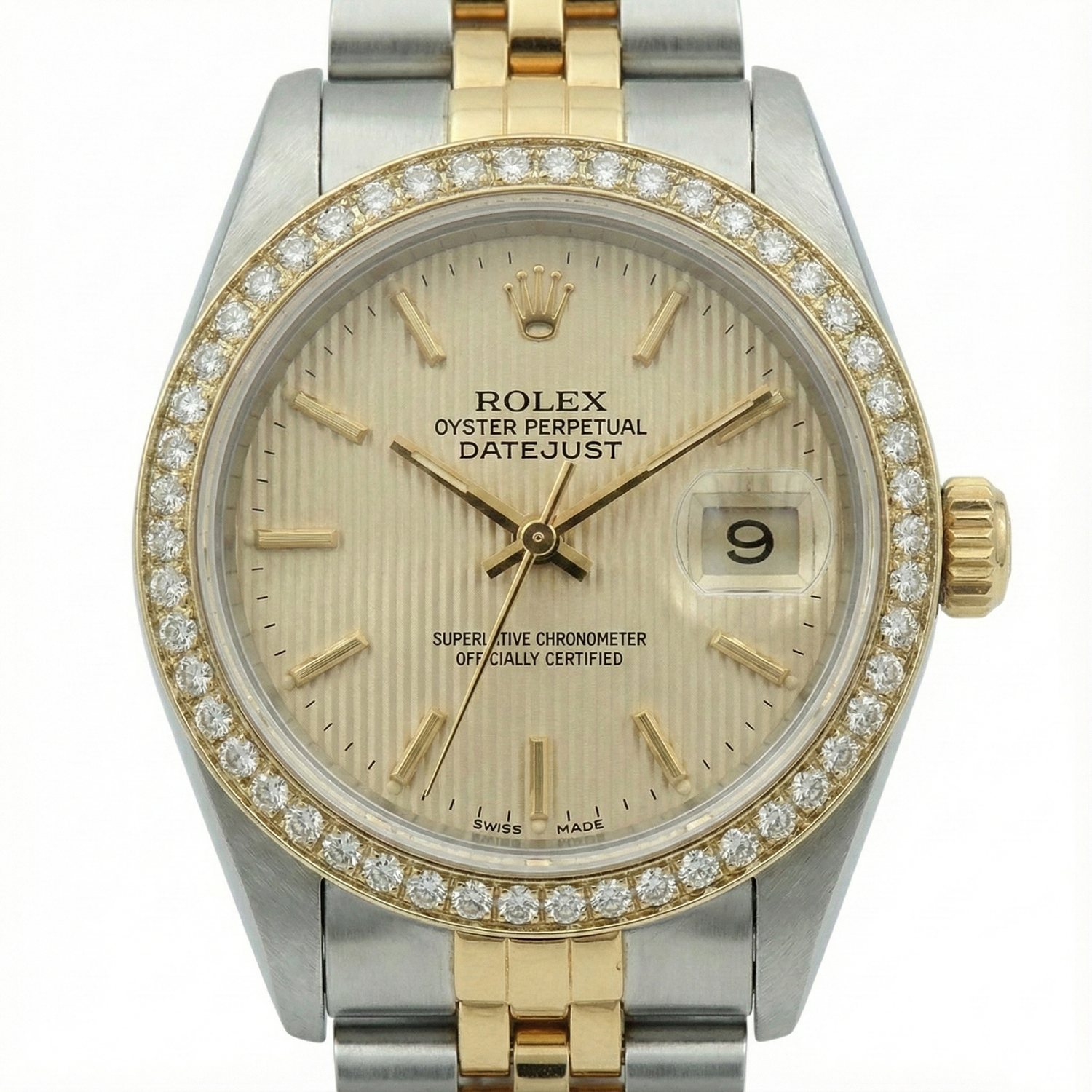 Montre Rolex Datejust pour femme avec lunette en diamant et tapisserie en acier inoxydable et or Jubilee